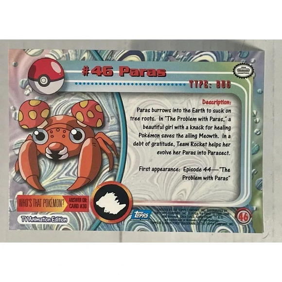 Topps Pokemon Paras  #46 | 1999‎ TV Animation Edition LP - Picture 4 of 14